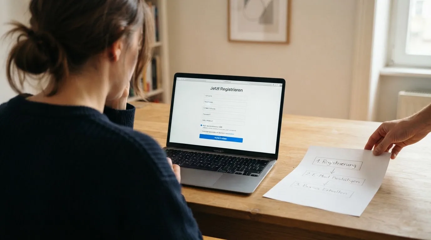 Nahaufnahme eines Laptop-Bildschirms mit einem Formular zur Kontoeroeffnung, daneben ein Blatt Papier mit einer handgezeichneten Ablaufskizze.