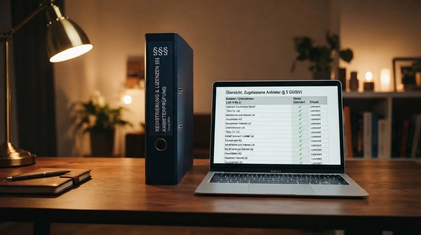 Nahaufnahme eines Aktenordners mit Paragraphenzeichen auf dem Ruecken, daneben ein aufgeklapptes Notebook mit einer Uebersichtsliste lizenzierter Anbieter.