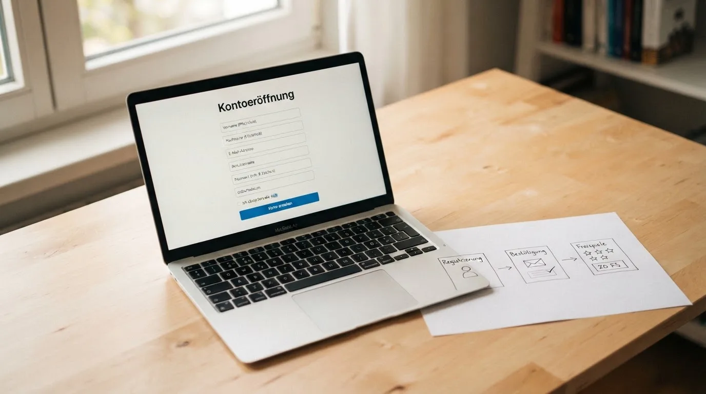 Nahaufnahme eines Laptop-Bildschirms mit einem Formular zur Kontoeroeffnung, daneben ein Blatt Papier mit einer handgezeichneten Ablaufskizze.