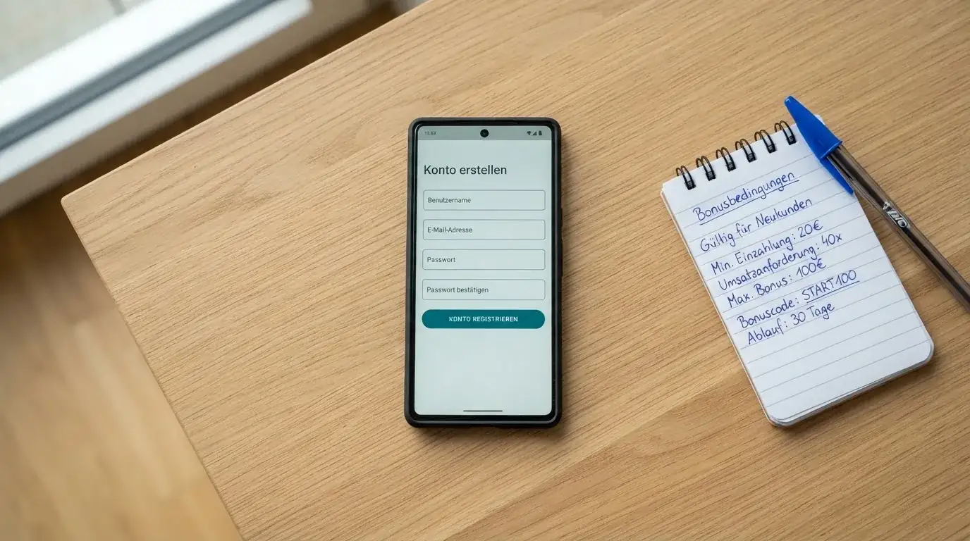 Draufsicht auf ein Smartphone mit einer geoeffneten Registrierungsmaske fuer ein Spielerkonto, daneben ein Notizblock mit handschriftlichen Bonusbedingungen.