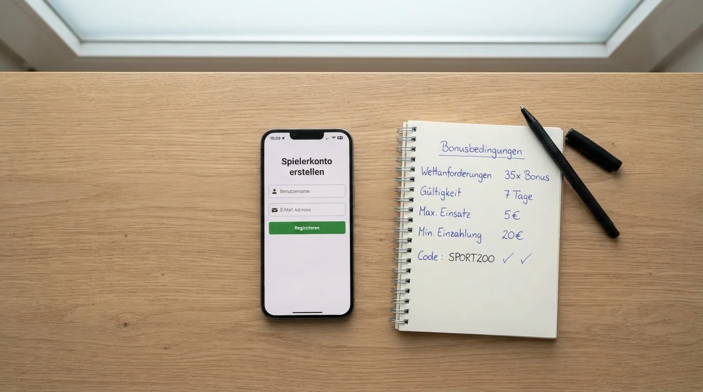 Draufsicht auf ein Smartphone mit einer geoeffneten Registrierungsmaske fuer ein Spielerkonto, daneben ein Notizblock mit handschriftlichen Bonusbedingungen.