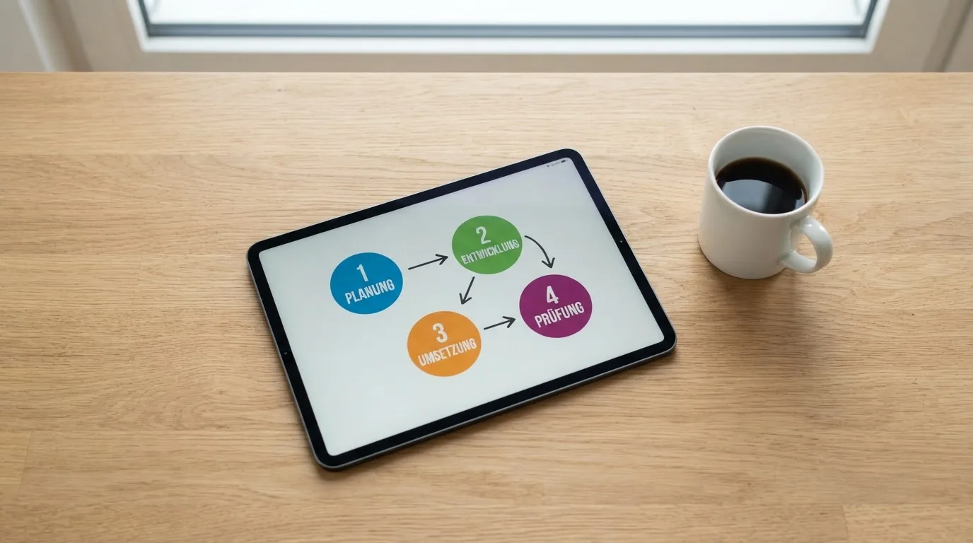 Schreibtisch mit einem Tablet, auf dem ein Schema mit nummerierten Schritten eines Anmeldevorgangs zu sehen ist, daneben ein Kaffeebecher.