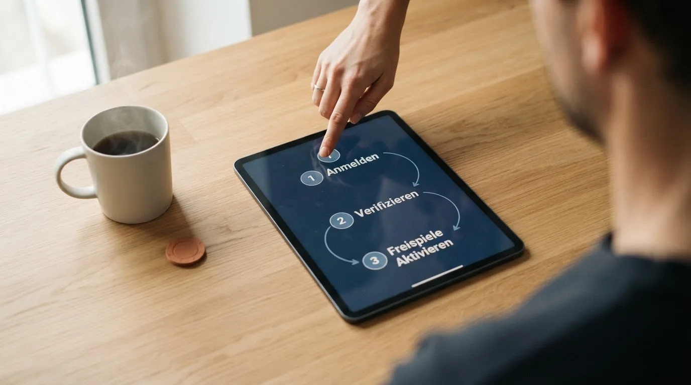 Schreibtisch mit einem Tablet, auf dem ein Schema mit nummerierten Schritten eines Anmeldevorgangs zu sehen ist, daneben ein Kaffeebecher.