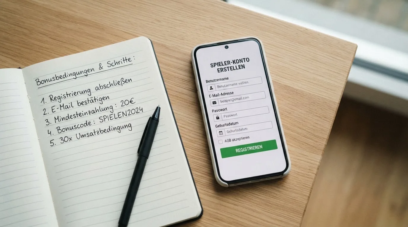Draufsicht auf ein Smartphone mit einer geoeffneten Registrierungsmaske fuer ein Spielerkonto, daneben ein Notizblock mit handschriftlichen Bonusbedingungen.
