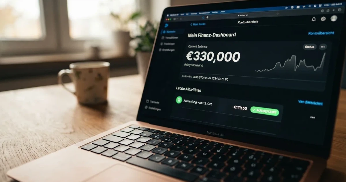 Nahaufnahme eines Laptop-Bildschirms mit einer Kontouebersicht, auf der ein Guthabenbetrag in Euro und ein Auszahlungsstatus zu sehen sind.