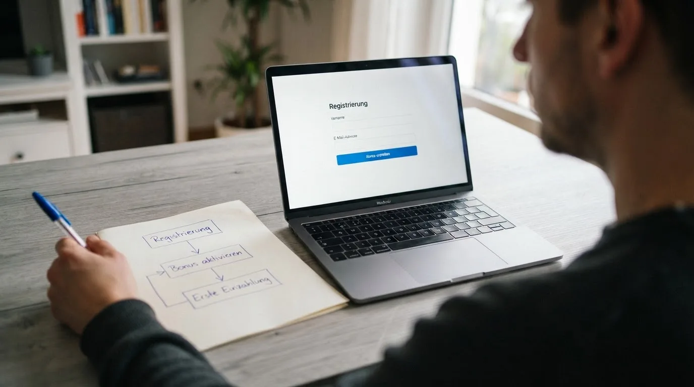 Nahaufnahme eines Laptop-Bildschirms mit einem Formular zur Kontoeroeffnung, daneben ein Blatt Papier mit einer handgezeichneten Ablaufskizze.