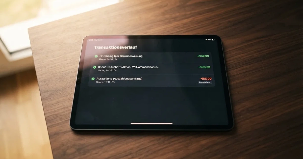 Nahaufnahme eines Tablet-Bildschirms mit einer Transaktionsliste, in der Einzahlung, Bonusgutschrift und Auszahlungsstatus untereinander aufgefuehrt sind.