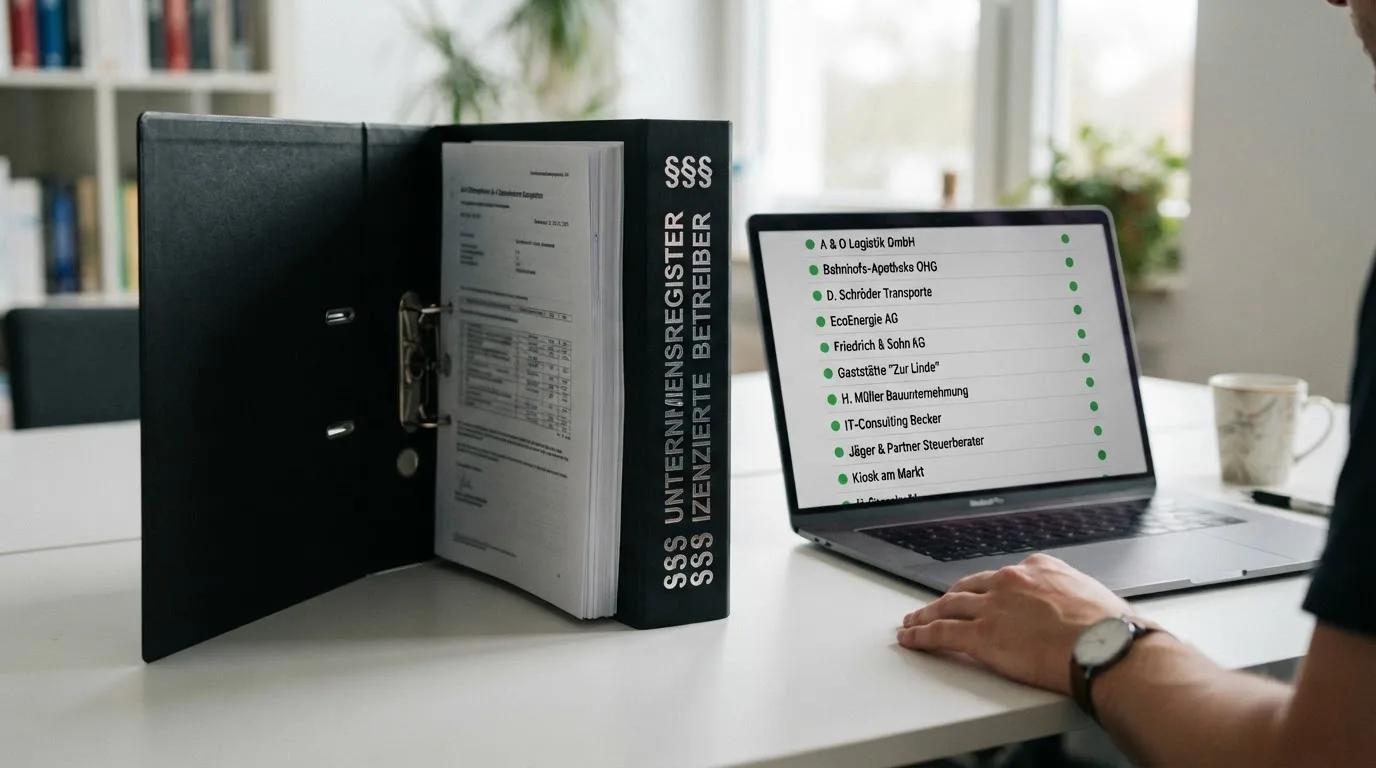 Nahaufnahme eines Aktenordners mit Paragraphenzeichen auf dem Ruecken, daneben ein aufgeklapptes Notebook mit einer Uebersichtsliste lizenzierter Anbieter.