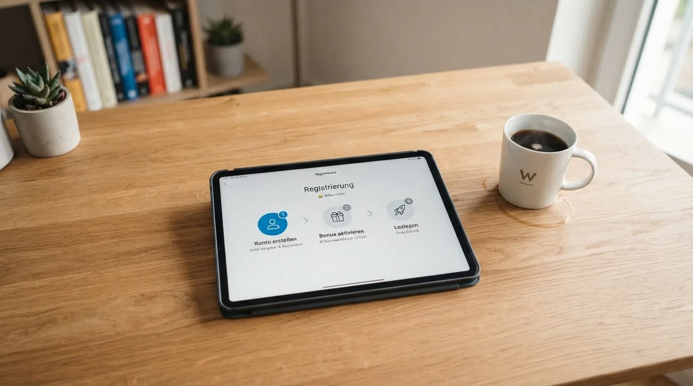 Schreibtisch mit einem Tablet, auf dem ein Schema mit nummerierten Schritten eines Anmeldevorgangs zu sehen ist, daneben ein Kaffeebecher.