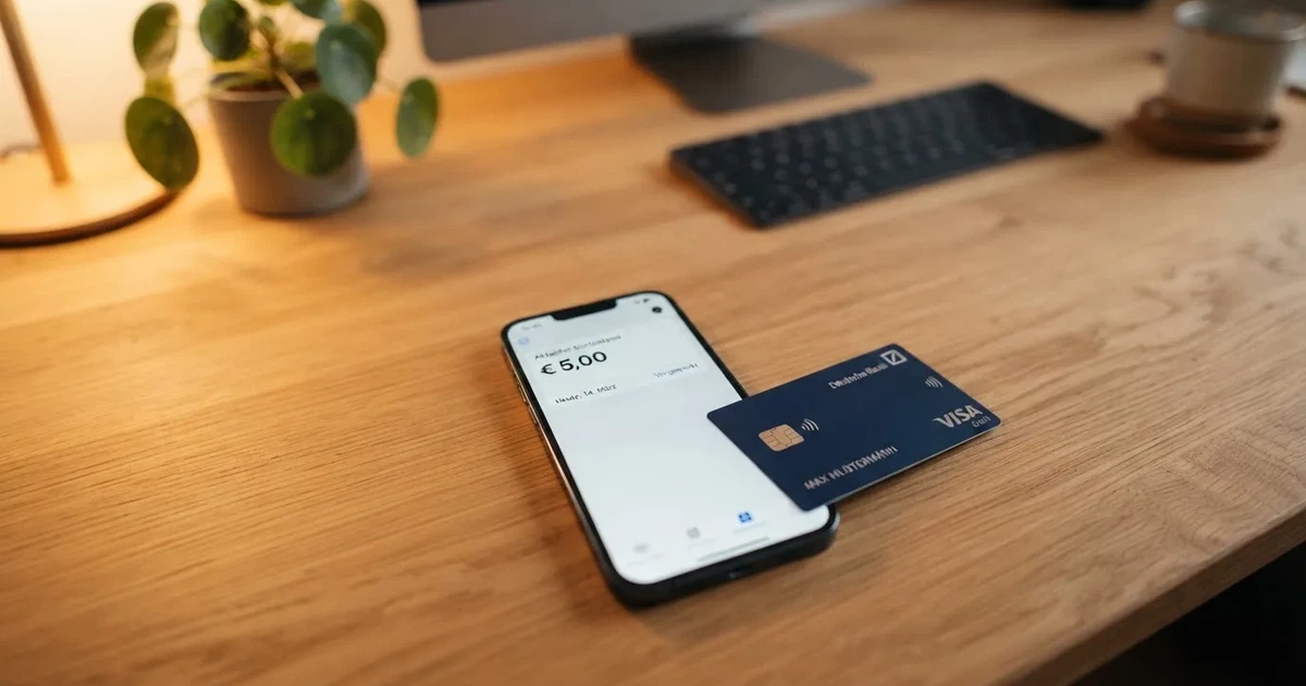 Schreibtisch mit einem Smartphone, auf dessen Bildschirm eine Kontobewegung mit Datum und Betrag in Euro angezeigt wird, daneben eine Bankkarte.