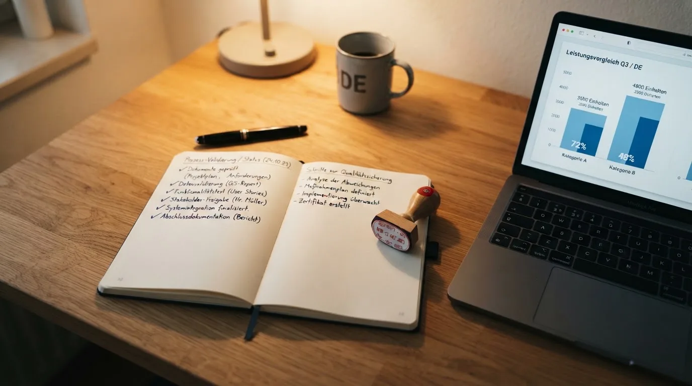 Schreibtisch mit einem gedruckten Amtsdokument, einem Stempel und einem Bildschirm, auf dem eine offizielle Whitelist-Tabelle angezeigt wird.