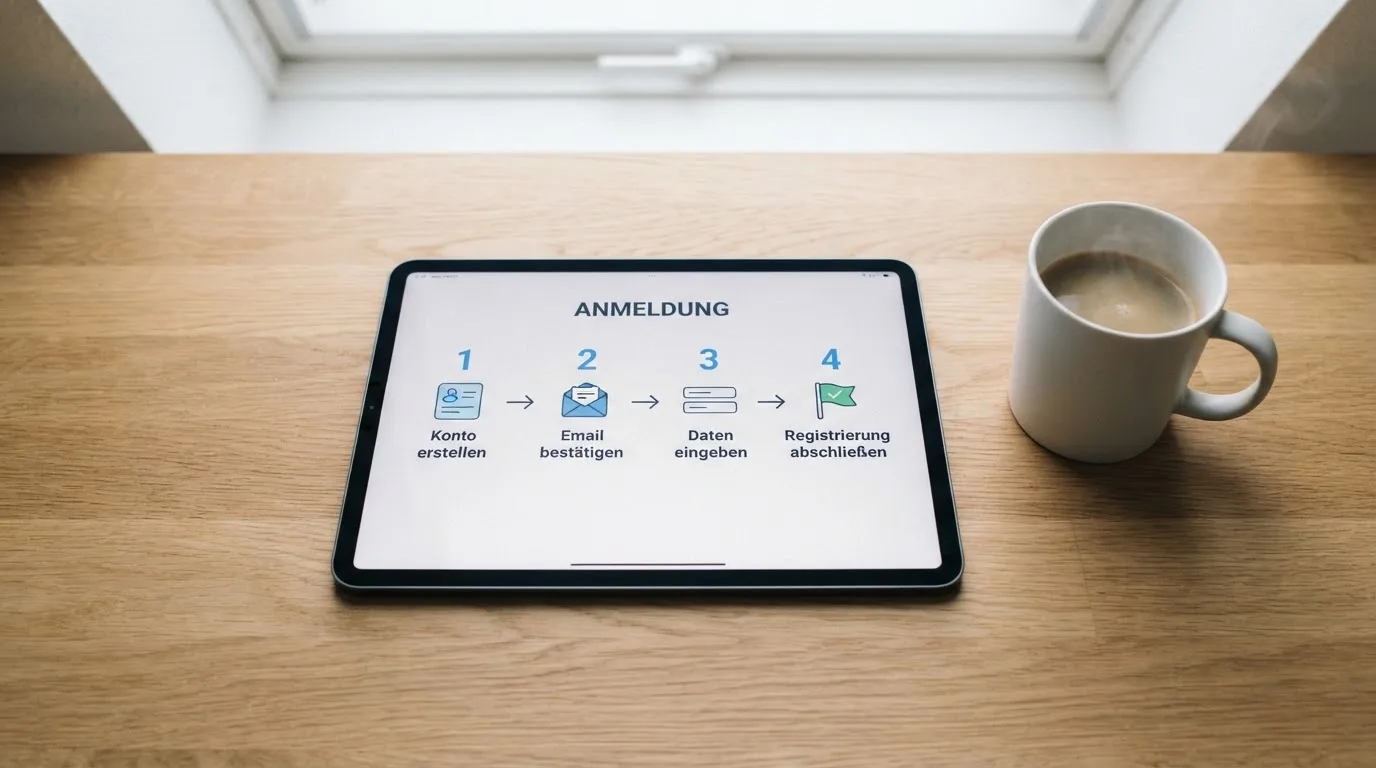Schreibtisch mit einem Tablet, auf dem ein Schema mit nummerierten Schritten eines Anmeldevorgangs zu sehen ist, daneben ein Kaffeebecher.