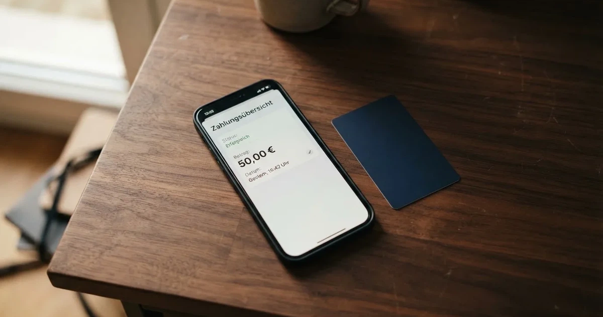 Schreibtisch mit einem Smartphone, auf dessen Bildschirm eine Kontobewegung mit Datum und Betrag in Euro angezeigt wird, daneben eine Bankkarte.