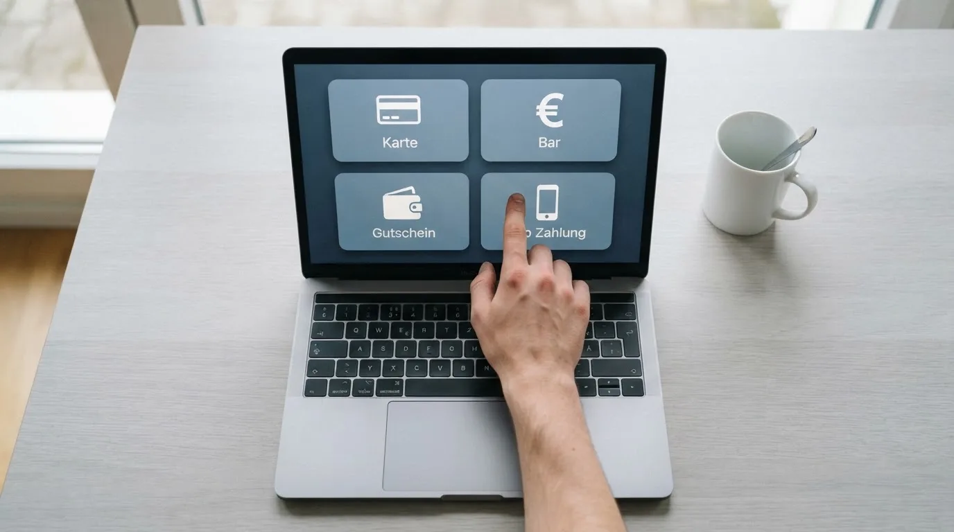 Bildschirm einer Kassenseite mit Auswahlfeldern für verschiedene Zahlungsmethoden in einem Online-Casino.