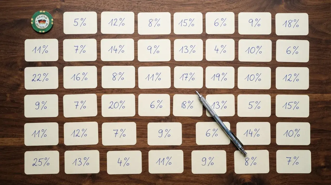 Draufsicht auf mehrere Notizzettel mit handschriftlichen Prozentwerten nebeneinander.