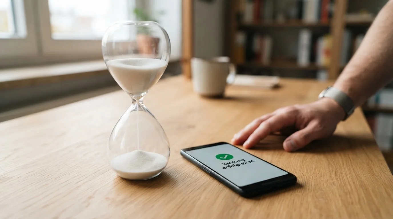 Nahaufnahme einer Sanduhr neben einem Smartphone-Bildschirm mit einer Zahlungsbestätigung.