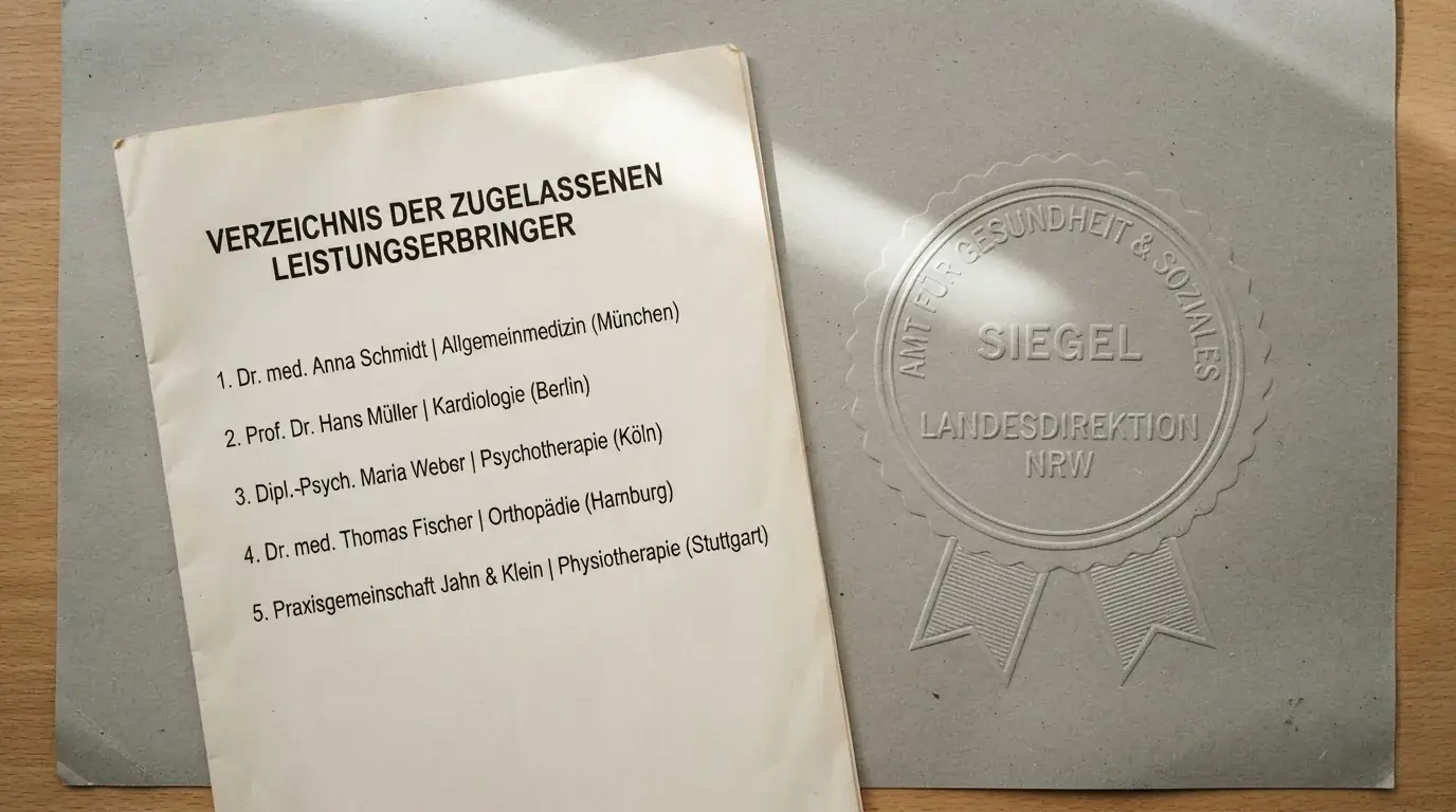 Nahaufnahme einer gedruckten Anbieterliste neben einem amtlichen Prüfsiegel.