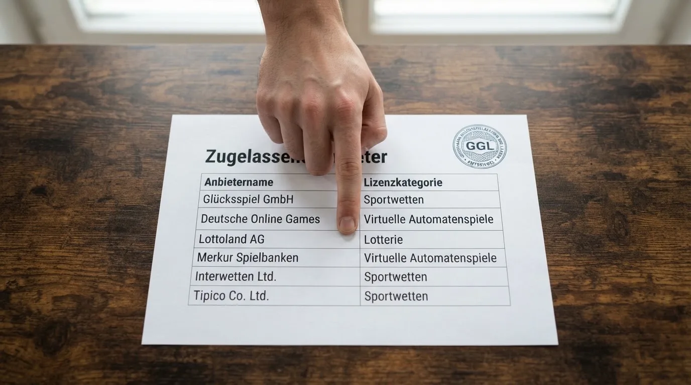 Nahaufnahme einer gedruckten Anbieterliste neben einem amtlichen Prüfsiegel.