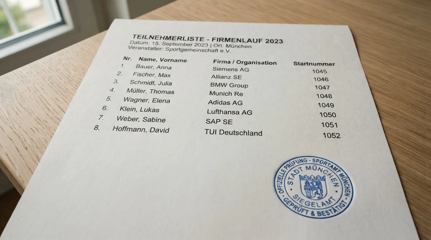 Nahaufnahme einer gedruckten Anbieterliste neben einem amtlichen Prüfsiegel.