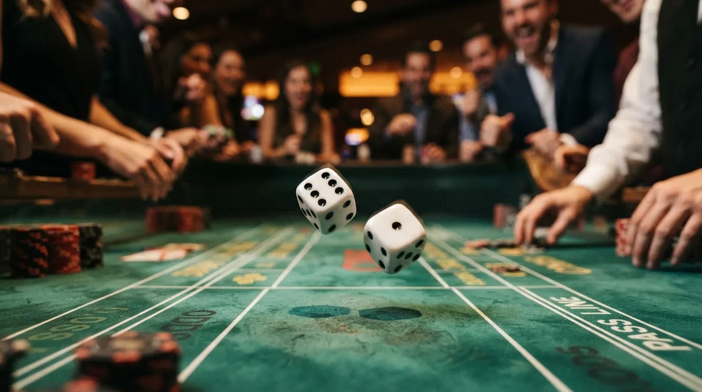 Nahaufnahme zweier rollender Würfel auf einem grünen Spieltisch.