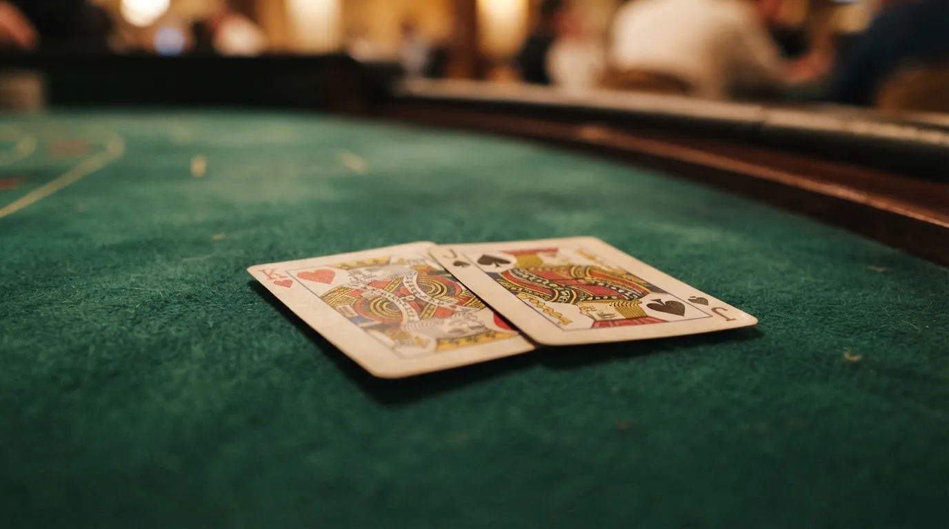 Nahaufnahme zweier aufgedeckter Spielkarten neben einem grünen Kartentisch.