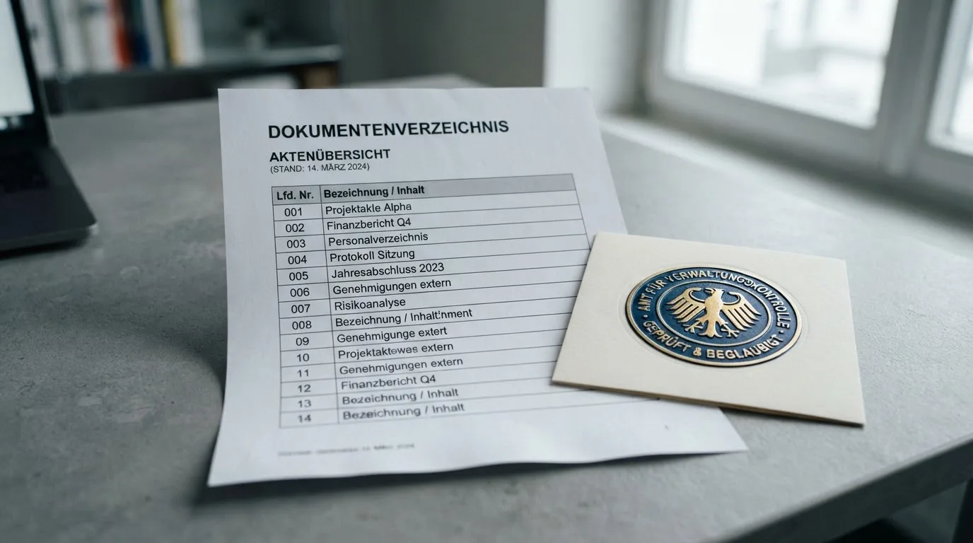 Nahaufnahme einer gedruckten Anbieterliste neben einem amtlichen Prüfsiegel.
