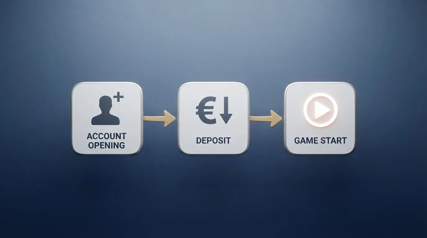 Schematische Illustration eines Ablaufdiagramms mit Pfeilen zwischen Kontoeröffnung, Einzahlung und Spielstart.