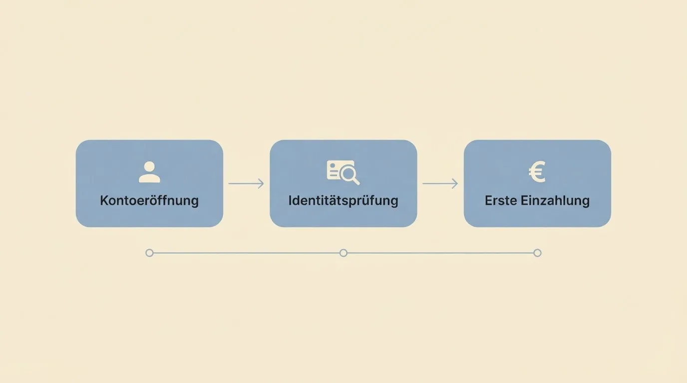 Schematische Darstellung eines Ablaufs von Kontoeröffnung über Identitätsprüfung bis zur ersten Einzahlung als einfaches Liniendiagramm.