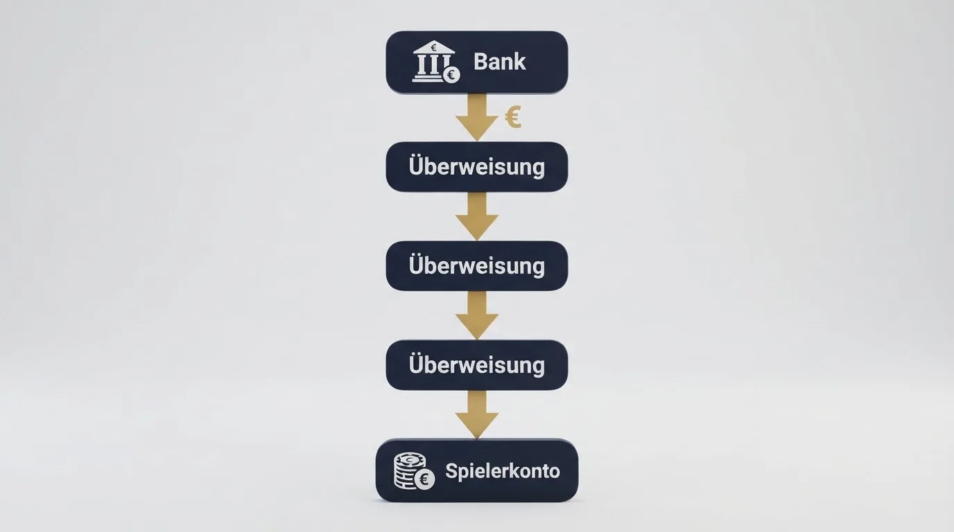 Einfaches Flussdiagramm, das den Weg einer Zahlung von der Bank zum Spielerkonto zeigt.