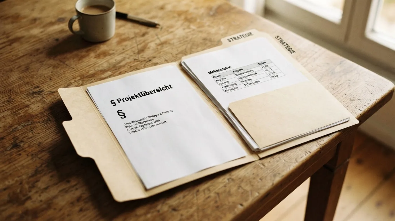Aktenordner mit Paragraphenzeichen und Gesetzestext auf einem Holztisch.