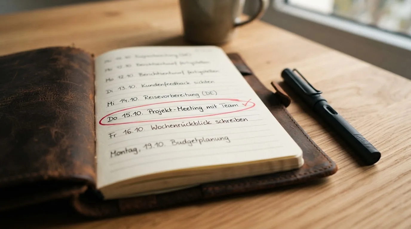 Nahaufnahme eines Kalenders mit einem markierten Datum auf einem Schreibtisch.
