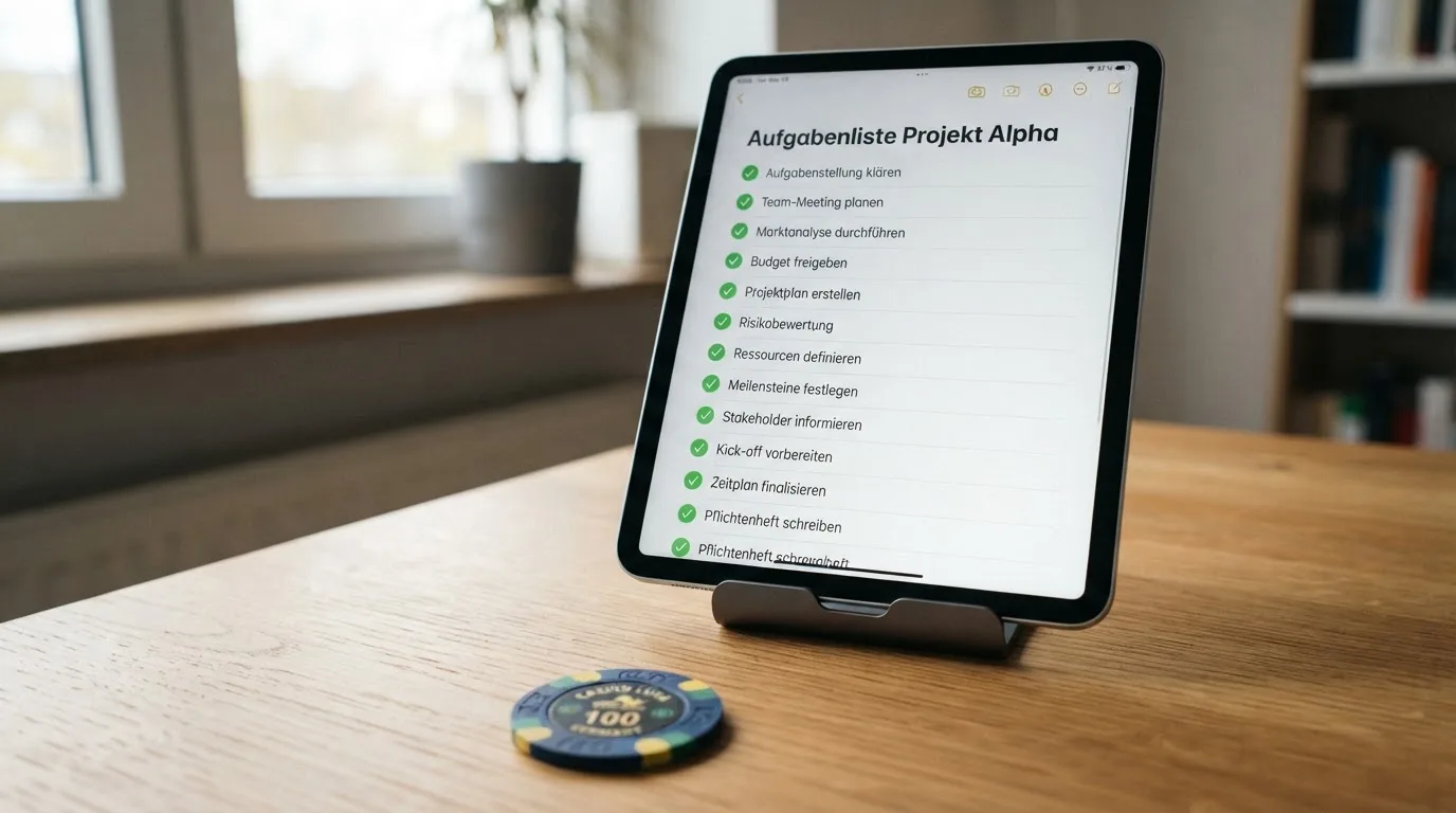 Tablet mit einer digitalen Liste und Häkchen-Symbolen auf einem Schreibtisch.