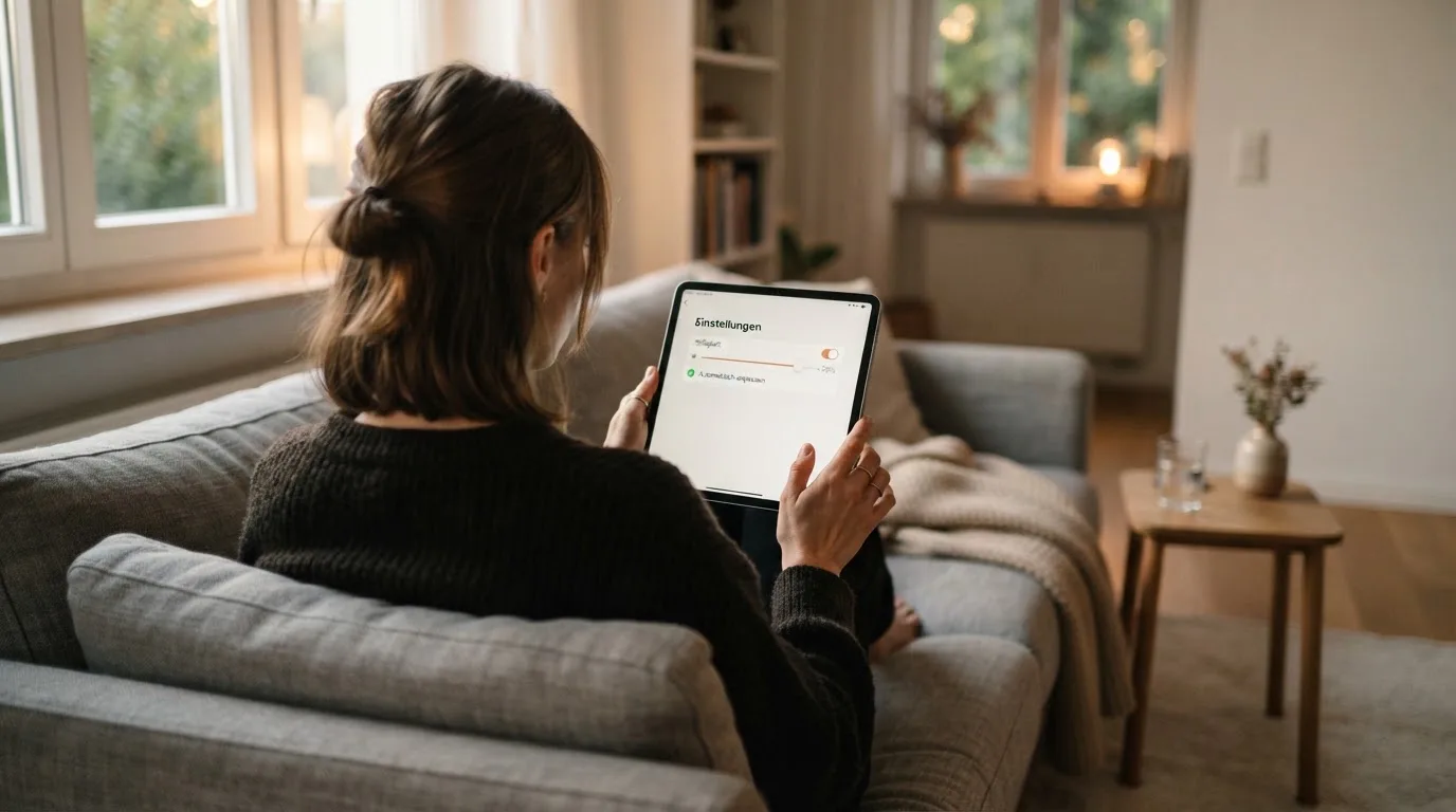 Person betrachtet nachdenklich eine App mit Einstellungsmenü auf einem Tablet in einem ruhigen Wohnzimmer.