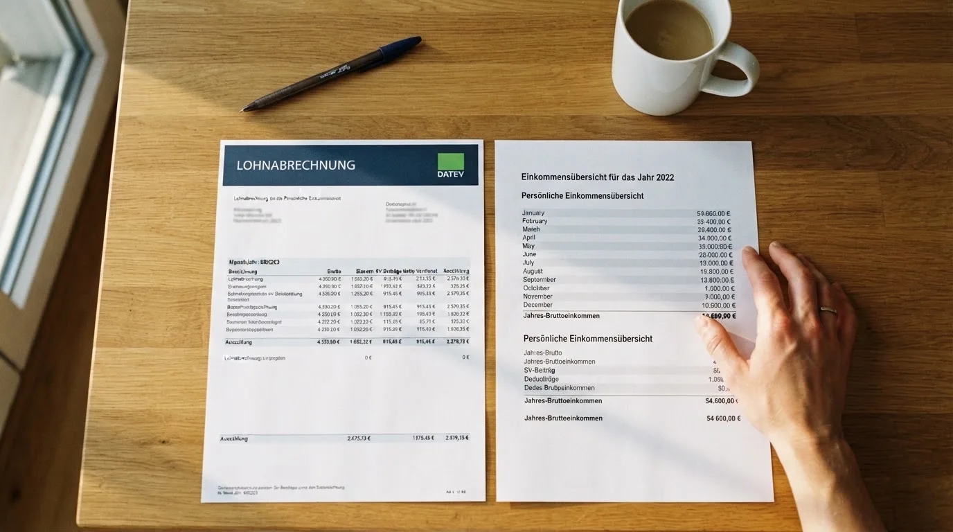 Person legt Gehaltsabrechnungen und einen Steuerbescheid auf einen Schreibtisch.