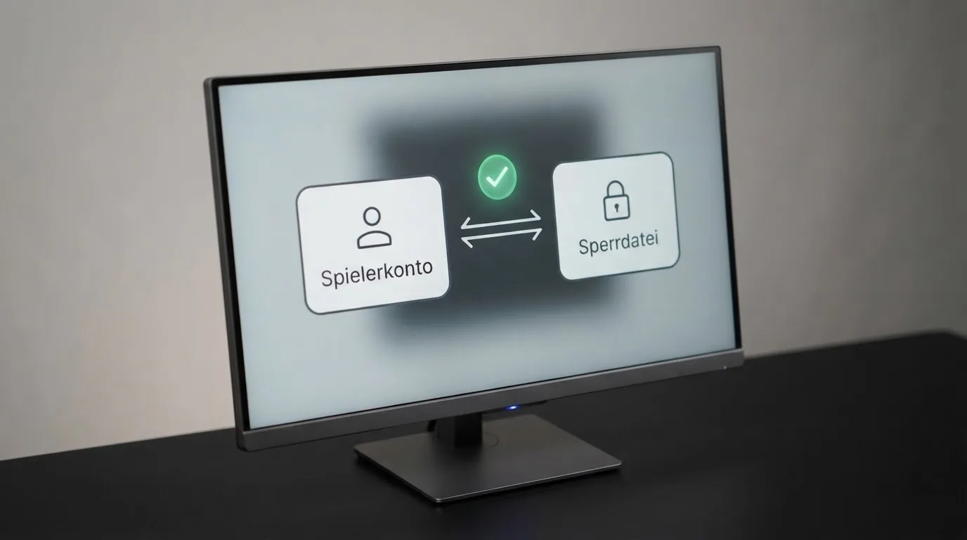 Schema eines Datenabgleichs zwischen einem Spielerkonto und einer zentralen Sperrdatei auf einem Monitor.