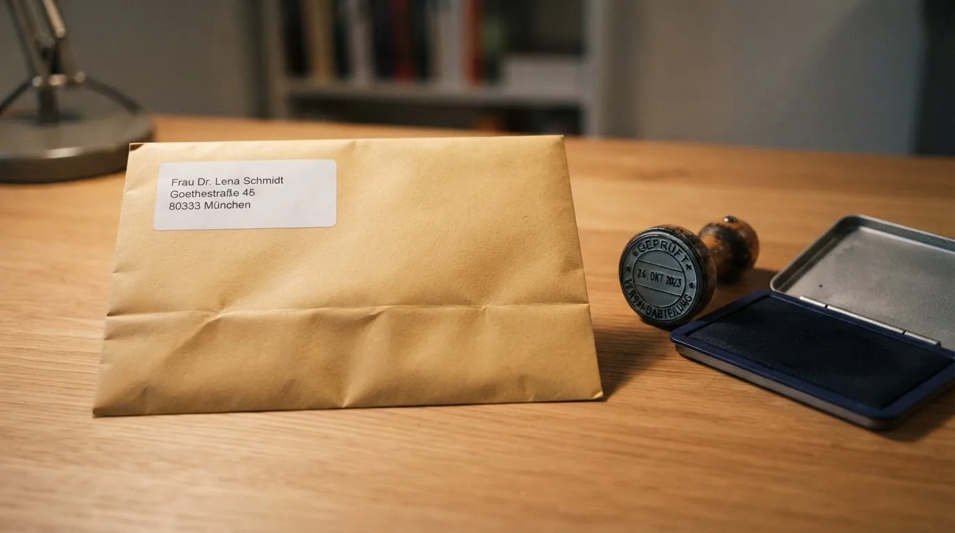 Briefumschlag mit Adressaufkleber auf einem Schreibtisch neben einem Aktenstempel.