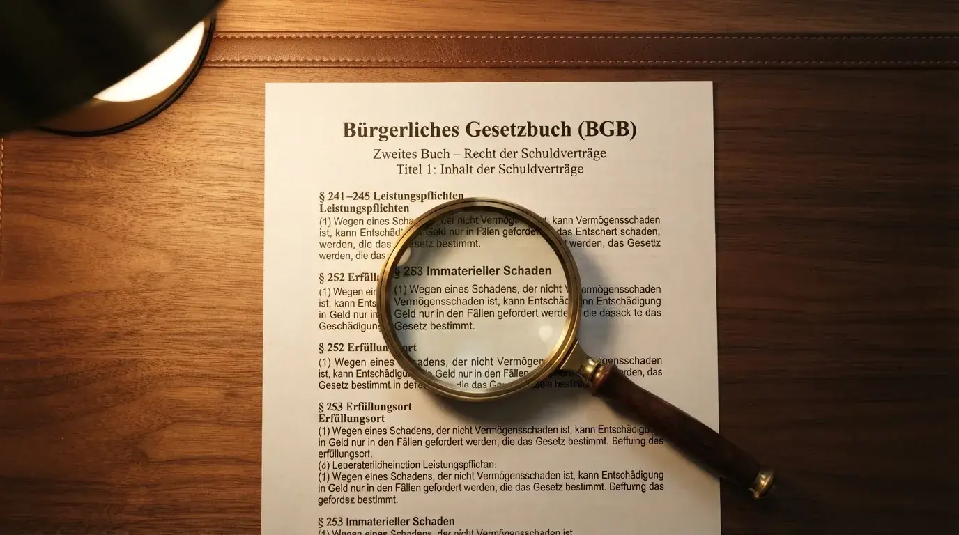 Gesetzestext-Auszug neben einer Lupe auf einem Schreibtisch.