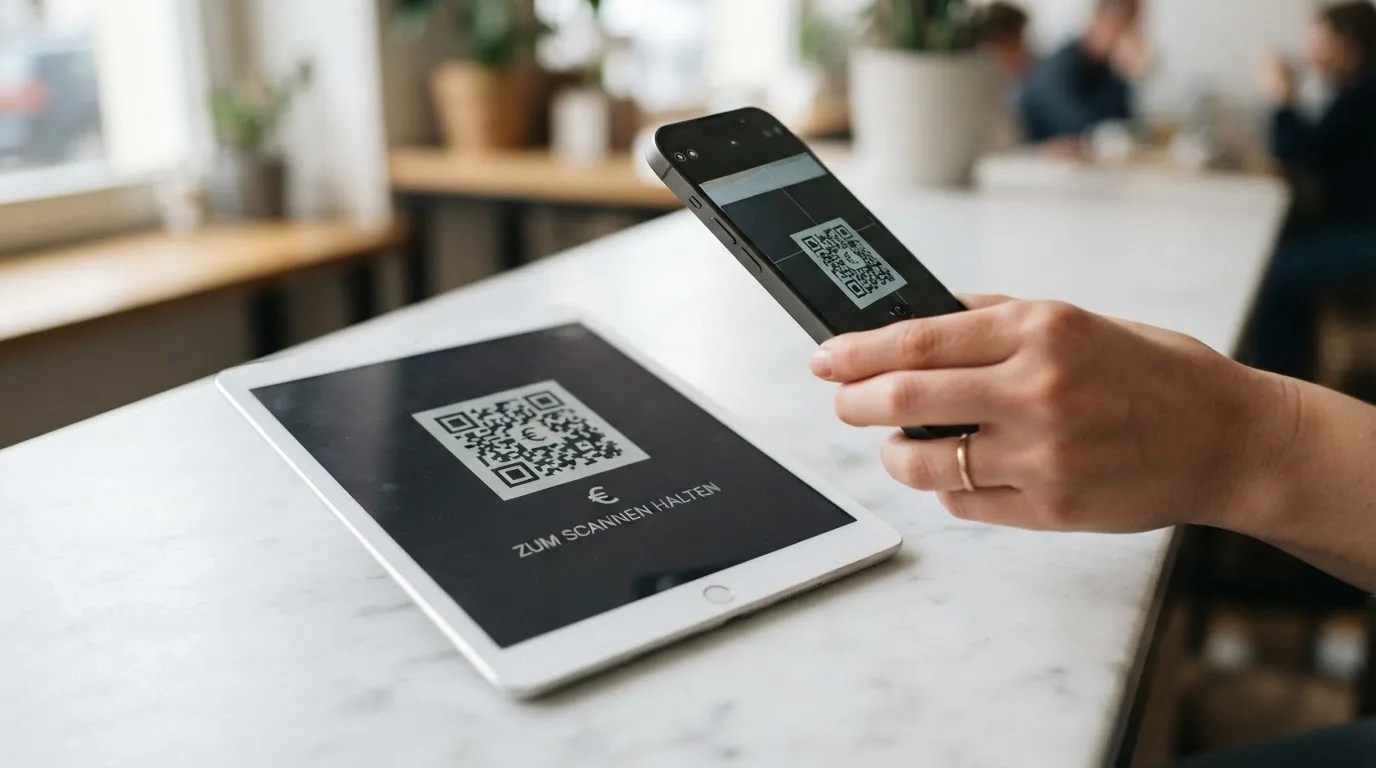 Nahaufnahme einer Hand, die auf einem Tablet einen QR-Code für eine Kryptowährungs-Einzahlung scannt.