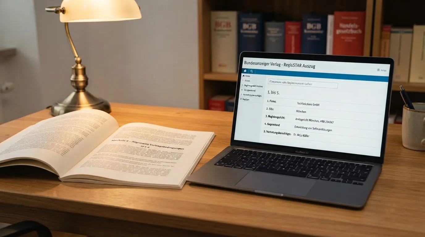 Nahaufnahme eines Gesetzestextes neben einem Laptop mit einer Behördenwebsite auf dem Bildschirm.