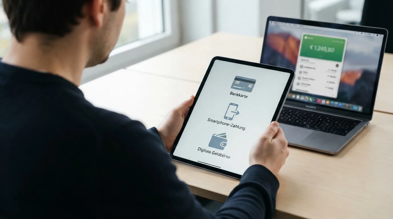 Person zeigt auf einem Tablet eine Liste von Zahlungsmethoden, während im Hintergrund ein Laptop mit einer Wallet-App steht.