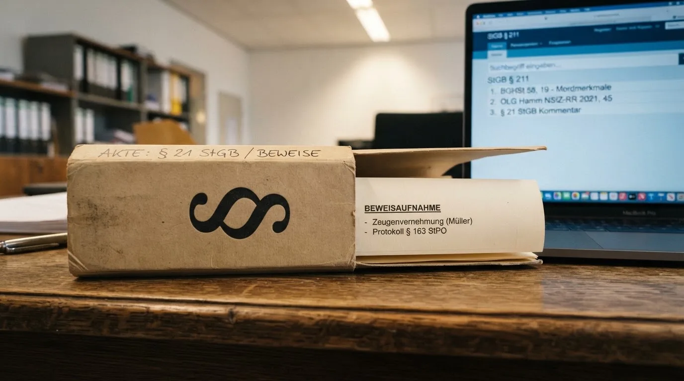 Nahaufnahme eines Aktenordners mit Paragraphenzeichen neben einem Computerbildschirm mit einer Behördenseite.